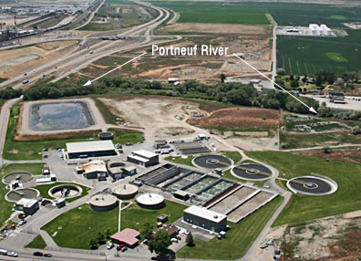 Aerial photograph of the Pocatello Wastewater Treatment Facility and Portneuf River.
